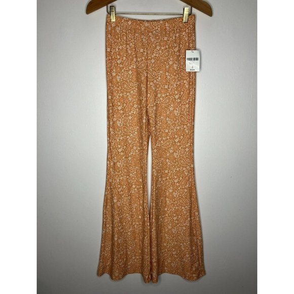 Forever 21 Women's Small Orange Paisley Hippie Boho Bell Bottoms Leggings NEW - Picture 1 of 10